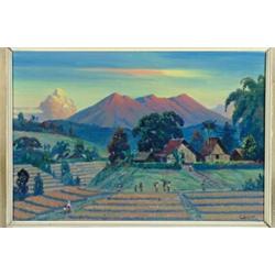 Leonardus Joseph Eland (1884-1954), Dutch, VILLAGE SCENE WITH RICE FIELDS, Oil on canvas; signe...