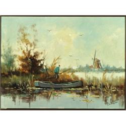 **De Groot (20th Century), Dutch, CANAL SCENE WITH FIGURE BY A PUNT, Oil on canvas; signed lowe...