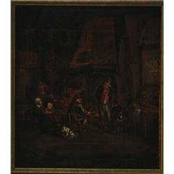 Manner of Adriaen van Ostade (1610-1689), Dutch, PEASANTS IN AN INN, Oil on canvas, 16.5" x 1...