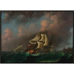 Manner of Ludolf Bakhuyzen (1631-1708), Dutch, SHIPPING IN STORMY SEAS, Oil on canvas; initiall...