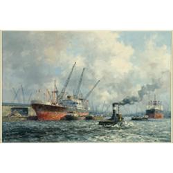 Marinus Johannes de Jongere (1912-1978), Dutch, SHIPPING IN A DUTCH HARBOUR, Oil on canvas; sig...