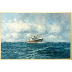 Marinus Johannes de Jongere (1912-1978), Dutch, CARGO SHIP IN DEEP SEAS, Oil on canvas; signed...