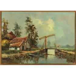 **De Groot (20th Century), Dutch, DRAWBRIDGE ON THE CANAL, Oil on canvas; signed lower right...