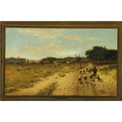 Cornelis Westerbeek (1844-1903), Dutch, RETURNING WITH THE FLOCK, Oil on canvas; signed and dat...