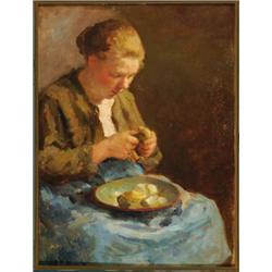 Evert Pieters (1856-1932), Dutch, PEELING POTATOES, Oil on board; signed upper right, signed ve...