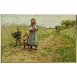 Johannes Zoetelief Tromp (1872-1947), Dutch, CHILDREN CARRYING A LAMB ON A COUNTRY LANE , Oil o...