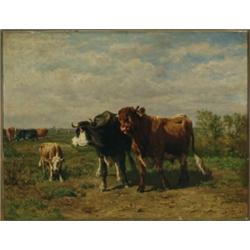 Johannes Hubertus Leonardus de Haas (1832-1908), Flemish, COWS IN A PASTURE, Oil on panel; sign...