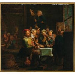 David Teniers The Younger (1610-1690), Flemish, PEASANTS AND PUPPETEER IN A TAVERN INTERIOR, Oi...