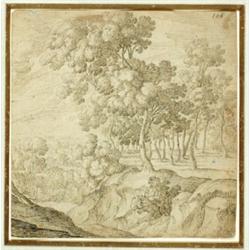 17th/18th Century French School, A WOODED LANDCSAPE, Pen and ink drawing on laid paper; numbere...