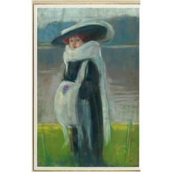 Louis Fortuney (1878-1950), French, ELEGANTE AU BORD DU LAC, Pastel; signed lower right, 19.3...