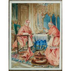 Louis Morin (1855- 1938), French, CARDINALS PLAYING CHESS, Watercolour; signed lower left, 19...