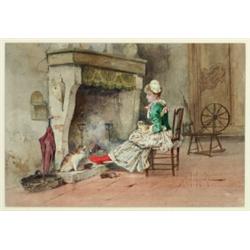 EugenF Grivaz (1859-1915), French, WOMAN AND CATS BY A FIREPLACE, Watercolour; signed lower rig...