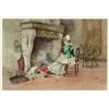 Image 1 : EugenF Grivaz (1859-1915), French, WOMAN AND CATS BY A FIREPLACE, Watercolour; signed lower rig...