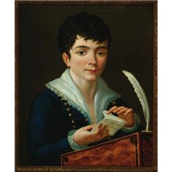 Attributed to Louis Boilly (1761-1845), French, BOY FOLDING A LETTER, Oil on canvas; bears sign...