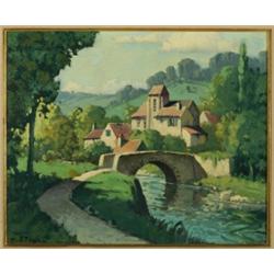 Felix Raoul EtevT (20th Century), French, PAYSAGE AVEC PONT, Oil on canvas; signed lower left...