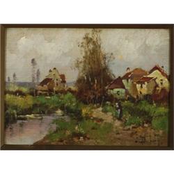 EugFne (Louis Dupuy) Galien-Laloue (1854-1941), French, FIGURE BY A VILLAGE STREAM; VILLAGE ON...