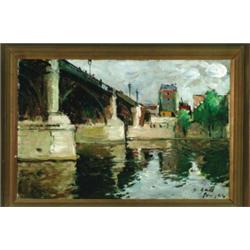 Francois Gall (1912-1987), French, VILLAGE BRIDGE AND RIVER REFLECTIONS, Oil on canvas; signed...