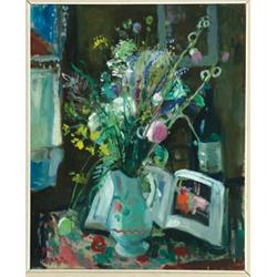 Francois Gall (1912-1987), French, STILL LIFE - VASE OF FLOWERS, BOOK AND BOTTLE ON TABLETOP, O...