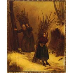 Edouard (Pierre E.) Frere (1819-1886), French, FAGGOTT GATHERERS IN THE SNOW, Oil on panel; sig...