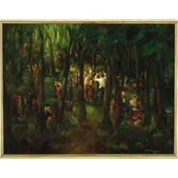 Anne Neumann (fl.1950), German, REFUGEES IN THE FOREST, Oil on canvas; signed and dated 1950 lo...