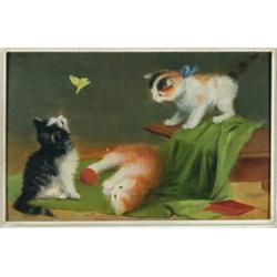 Hedwig Oehring (1855- ?), German, KITTENS PLAYING WITH A BUTTERFLY, Oil on panel; signed at Mun...