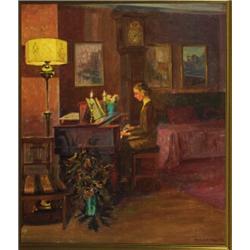 Robert Panitzsch (1879-1949), German/Danish, WOMAN SEATED AT A PIANO, Oil on canvas; signed and...