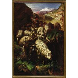 Anton Braith (1836-1905), German, HERDERING SHEEP THROUGH THE MOUNTAINS, Oil on canvas; signed...