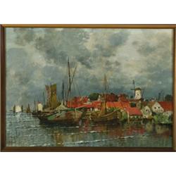 Karl Heffner (1849-1925), German, VILLAGE HARBOUR WITH WINDMILL, Oil on canvas; signed lower le...