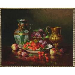 Anton Raufer-Redwitz (1843-1921), German, STILL LIFE OF FRUIT, PORCELAIN VASE AND BRASS CHALICE...