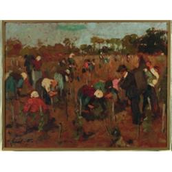 Ferenc Gaal (1891-1956), Hungarian, FIELDWORKERS, Oil on board; signed lower right, 13.8" x 1...