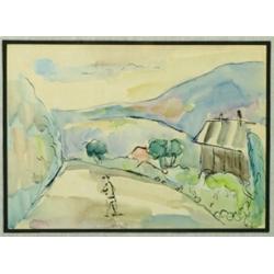 Samuel Tepler (1918-1998), Israeli, FIGURE ON COUNTRY ROAD, Watercolour and pen and ink; signed...