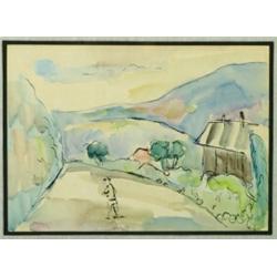 Samuel Tepler (1918-1998), Israeli, FIGURE ON COUNTRY ROAD, Watercolour and pen and ink; signed...