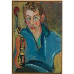 Mordecai Levanon (1901-1968), Israeli, BOY WITH VIOLIN, Oil and gouache on paper on canvas; sig...