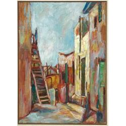 Zivi Shor (1898-1979), Israeli, LANEWAY WITH HOUSES, Oil on canvas; signed lower left, 36" x...