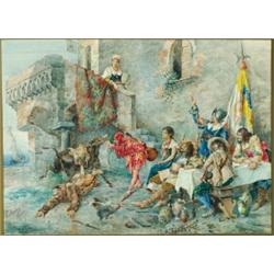 Ettore Ascenzi (19th/20th Century), Italian, JESTER AND MONK ENTERTAINING CAVALIERS IN A COURTY...