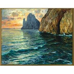 Cavalier Michele Federico (1884-1966), Italian, MONACONE ROCK, CAPRI, Oil on canvas; signed at...