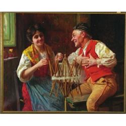 Antonio Zoppi (1860-1926), Italian, WINDING THE SKEIN TO AN AMUSING TALE, Oil on canvas; signed...