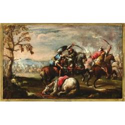 Attributed to Francesco Simonini (1686-1753), Italian, CAVALRY CHARGE; CAVALRY SKIRMISH, A pair...