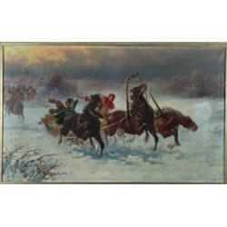 Constantin Stoiloff (1850-1924) , Russian/ Austrian, TROIKA PURSUED BY TROOPS, Oil on canvas; s...