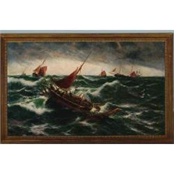 J**R** Miles (19th/20th Century), European, FISHING BOATS AND SHIPS IN ROUGH SEAS, Oil on canva...