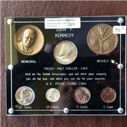 USA; 1964 Proof set from cent to half dollar plus 2 examples of the JF Kennedy high relief Medals ho