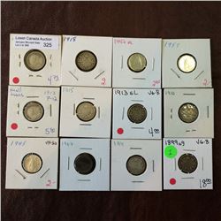 Canada silver 10 cents; 1899 to 1967. Lot of 12 coins.