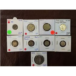 Canada assorted silver and nickel coins from 1870 to 1974. Lot of 9 coins.