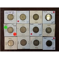 Canada silver 25 cents + one nickel; 1871 to 1969. Lot of 12 coins.