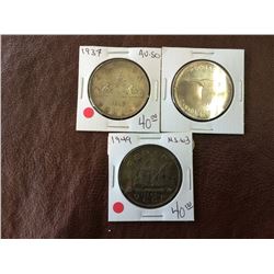 Canada silver dollar 1937-1949-1967. Lot of 3 coins.