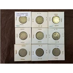 Newfoundland silver 20 cents from 1873 to 1912. Lot of 9 coins.
