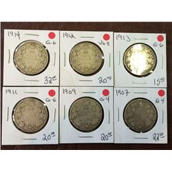 Canada silver 50 cents from 1907 to 1914. Lot of 6 coins.