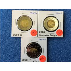 Canada two dollars mint state 2003. Lot of 3 coins.