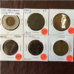 Assorted tokens and medals, lot of 6 pieces.