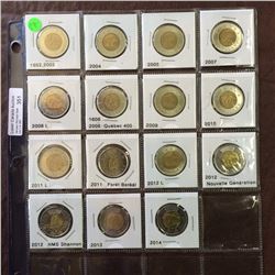 Canada assorted Toonies UNC from 2002 to 2014, lot of 15 coins.